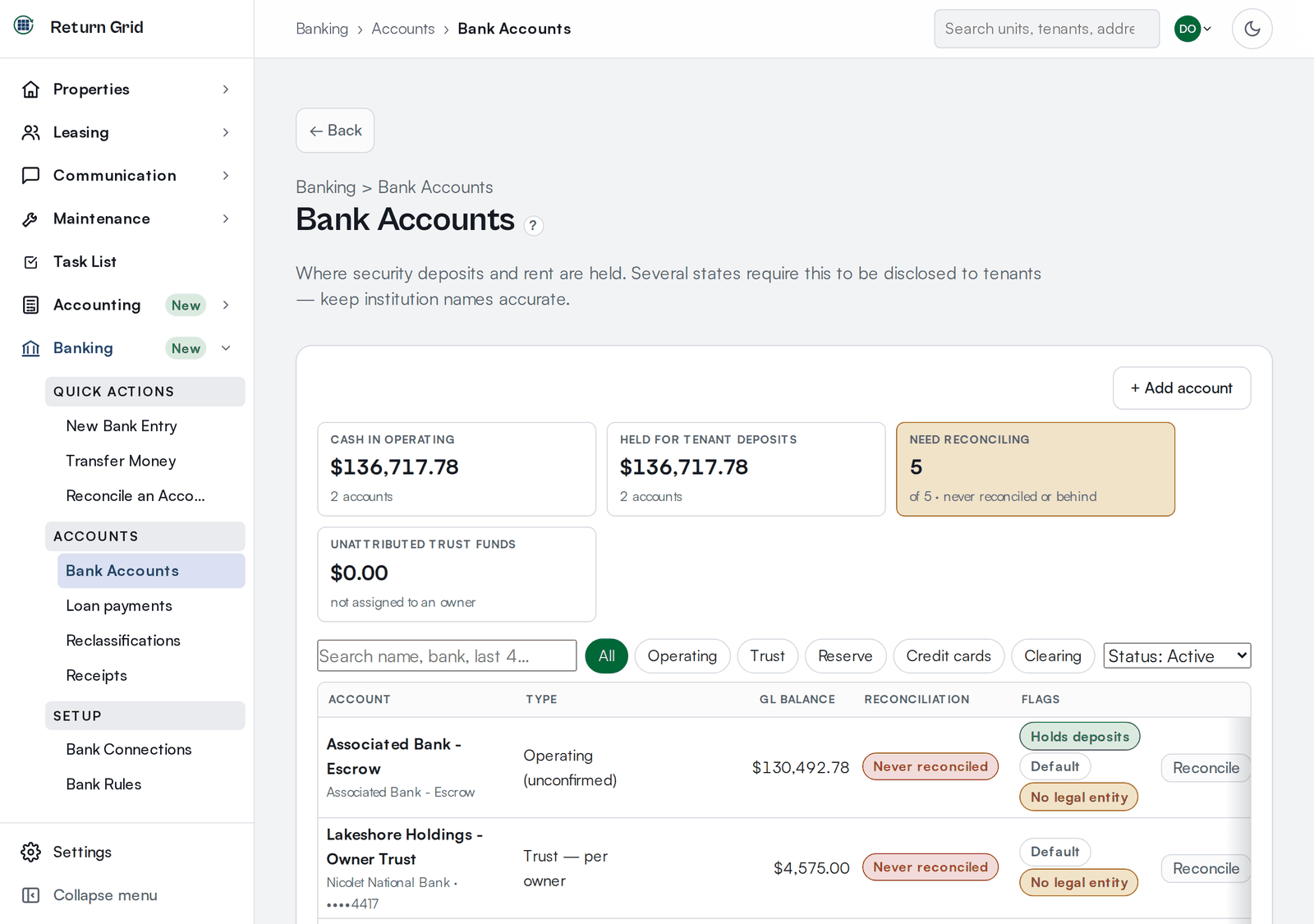 The Bank Accounts page: four summary cards, filter chips for account type, and a list of accounts with their type, balance, reconciliation status and flags