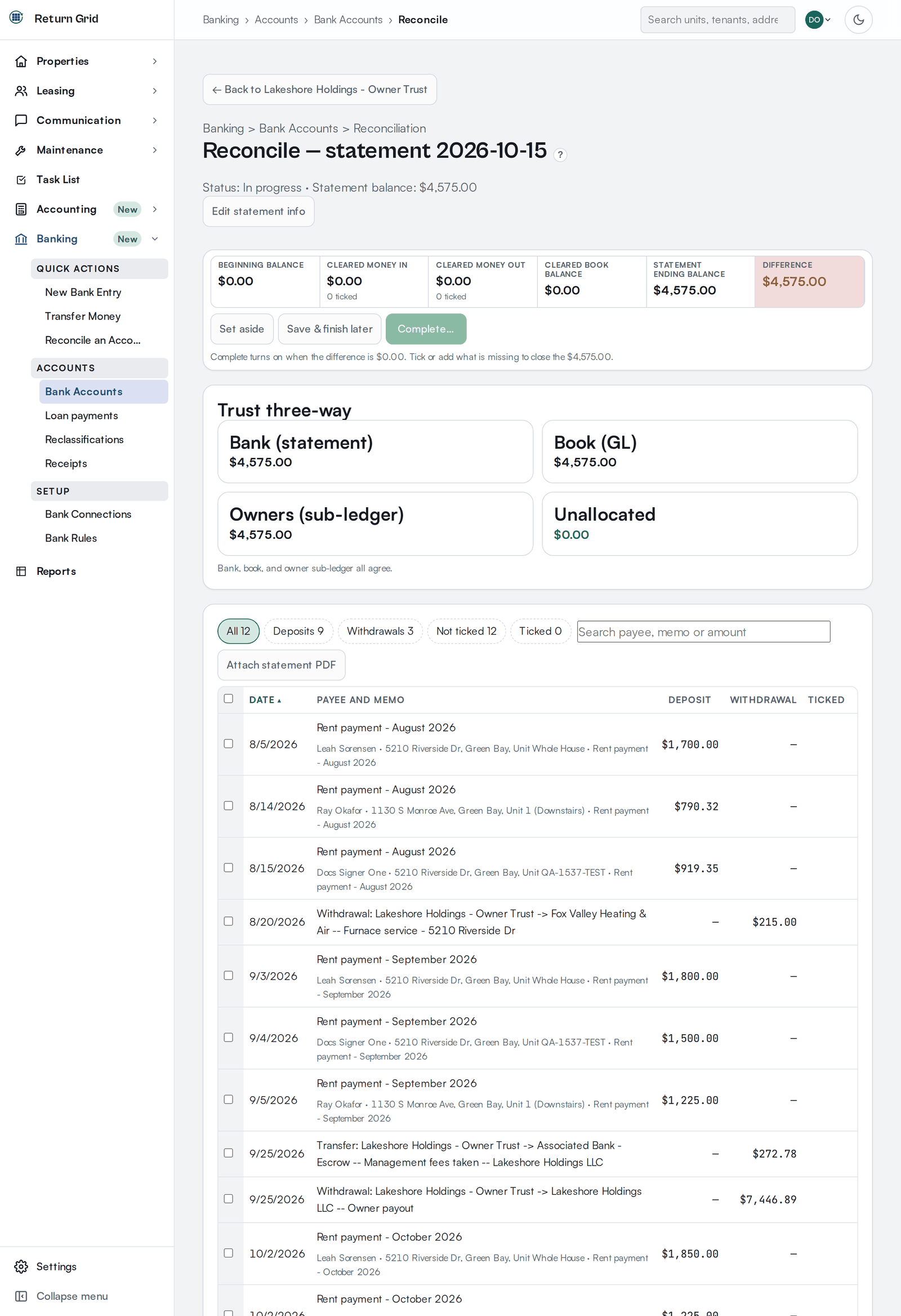 A reconciliation in progress: a summary of the beginning balance, money cleared in and out, the cleared book balance, the statement ending balance and the difference; a Trust three-way check; filter chips with a search box; and a list of transactions with a tick box on each row