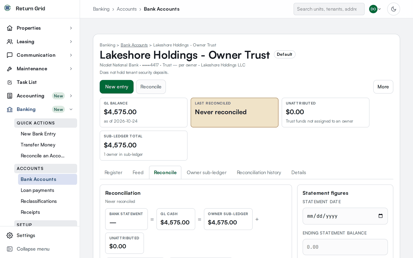 The Reconcile tab of a trust account: the bank statement, ledger cash and owner sub-ledger figures, a Reconcile this account button, and a Statement figures panel with a date and an ending balance
