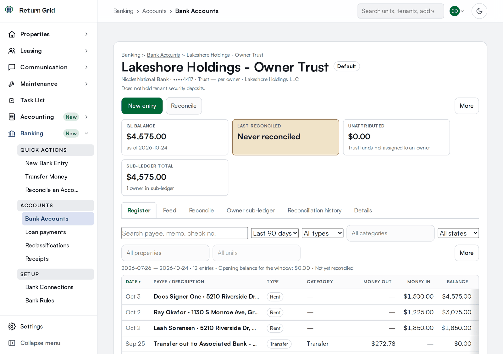 The Register tab of a trust account: the balance cards, the tab row, search and filters, and a table of rent payments and a vendor payment with a running balance