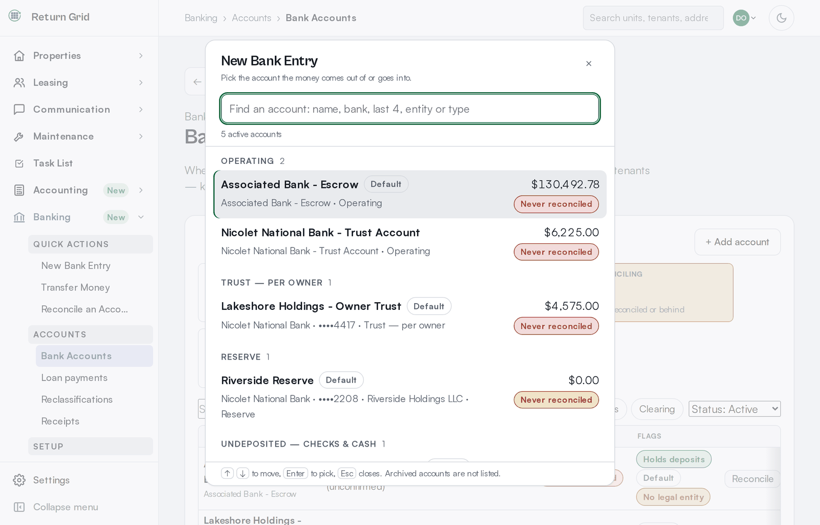 The New Bank Entry account picker: a search box above the organization's bank accounts, grouped by type, each with its bank, last four digits, balance and reconciliation status