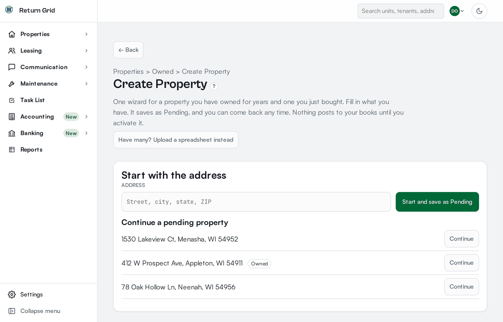 The Create Property start step: an address box with a Start and save as Pending button, an Upload a spreadsheet instead button above it, and a list of pending properties to continue