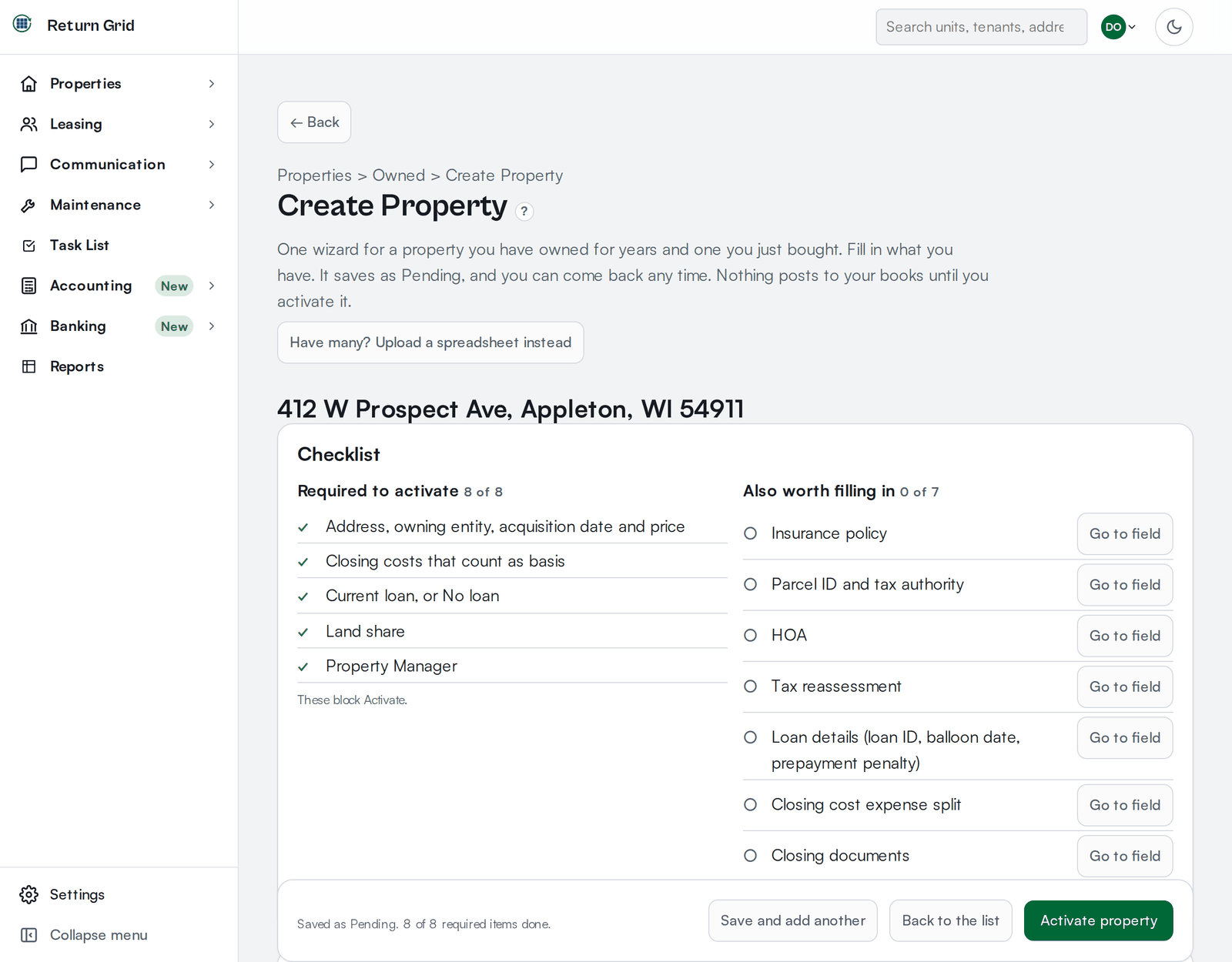 The Create Property page for a pending property, with a checklist split into Required to activate, all done, and Also worth filling in, and Save and Activate buttons