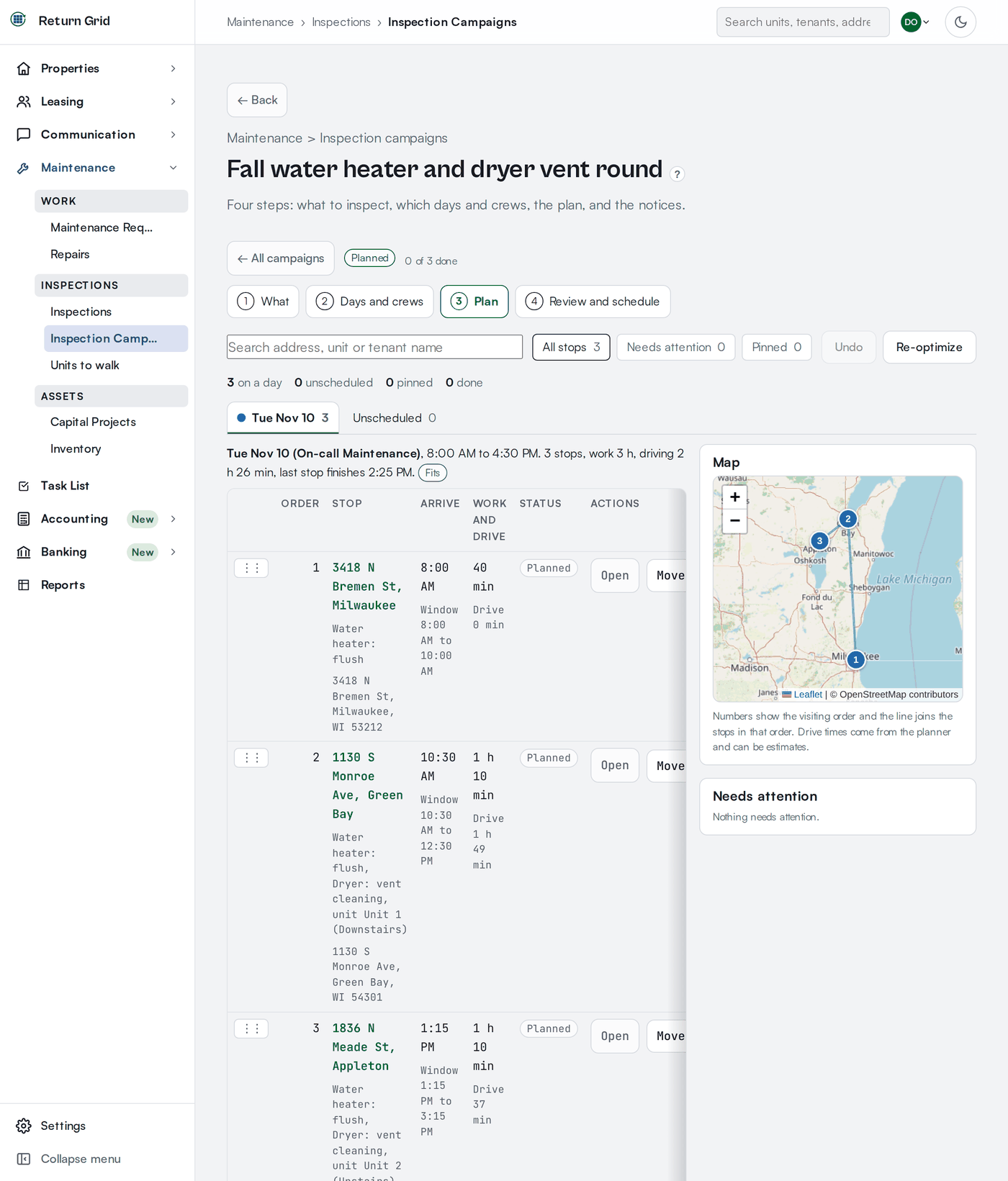 The Plan step of an inspection campaign showing one day with three stops, each with its arrival time and tenant window, and a map of the visiting order