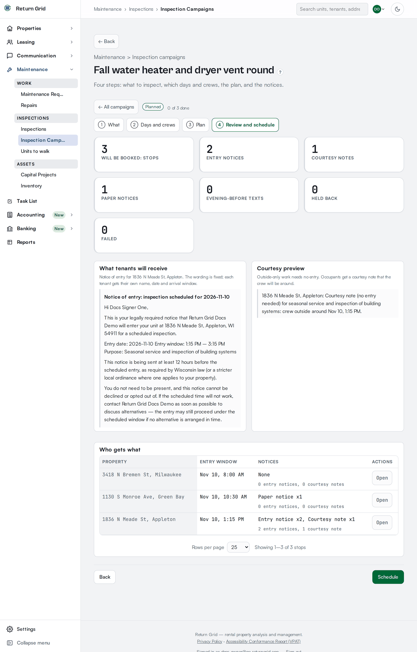 The last step of an inspection campaign, with the counts of stops, entry notices, courtesy notes and paper notices that Schedule will create, a sample entry notice, and the Who gets what table