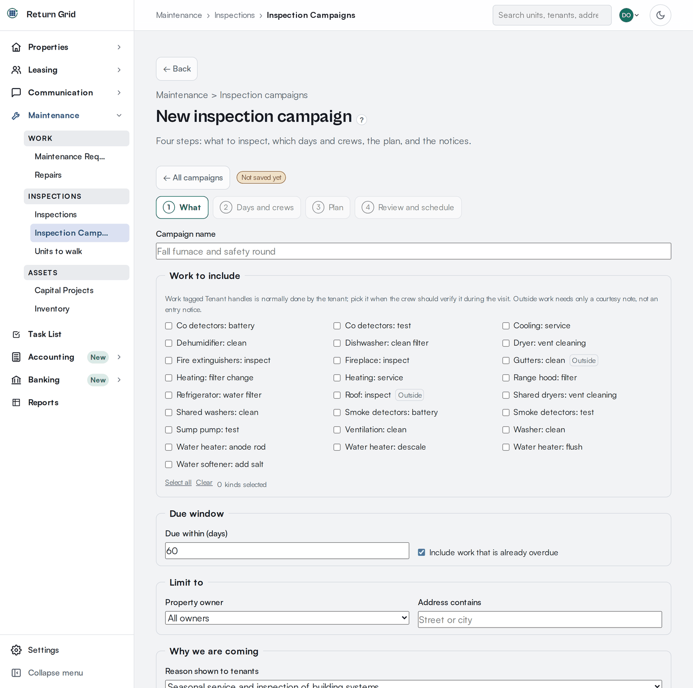 The first step of a new inspection campaign, with the campaign name, the kinds of work to include, the due window and the reason shown to tenants