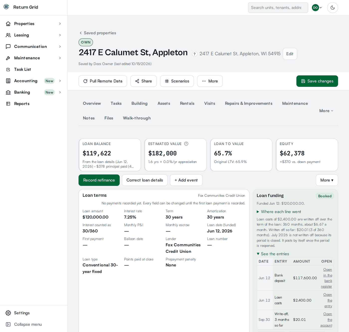 The Loan tab after saving: next to Loan terms, a Loan funding block marked Booked, funded Jun 12 for 120,000, with See the entries open listing the bank deposit of 117,600, the loan costs of 2,400 and the write-off so far, each with an Open link, and Edit funding and Remove funding buttons