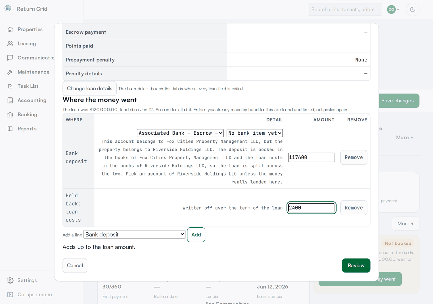 The Record where the loan money went screen: below the loan's details, a Where the money went table with a Bank deposit line of 117,600 into a bank account and a Held back: loan costs line of 2,400, the note Adds up to the loan amount, and Cancel and Review buttons