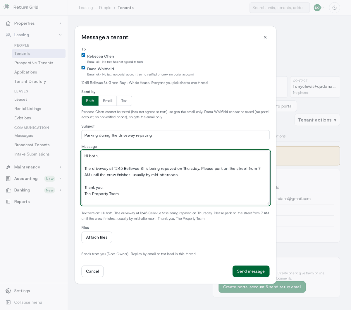 The Message a tenant form with two tenants ticked, Both selected, and a subject and message filled in