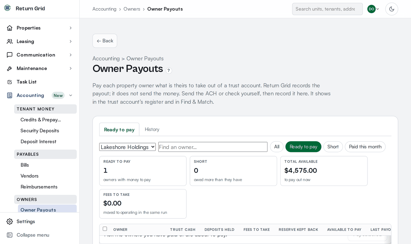 The Owner Payouts page, Ready to pay tab, with one owner row showing trust cash, fees to take and available to pay