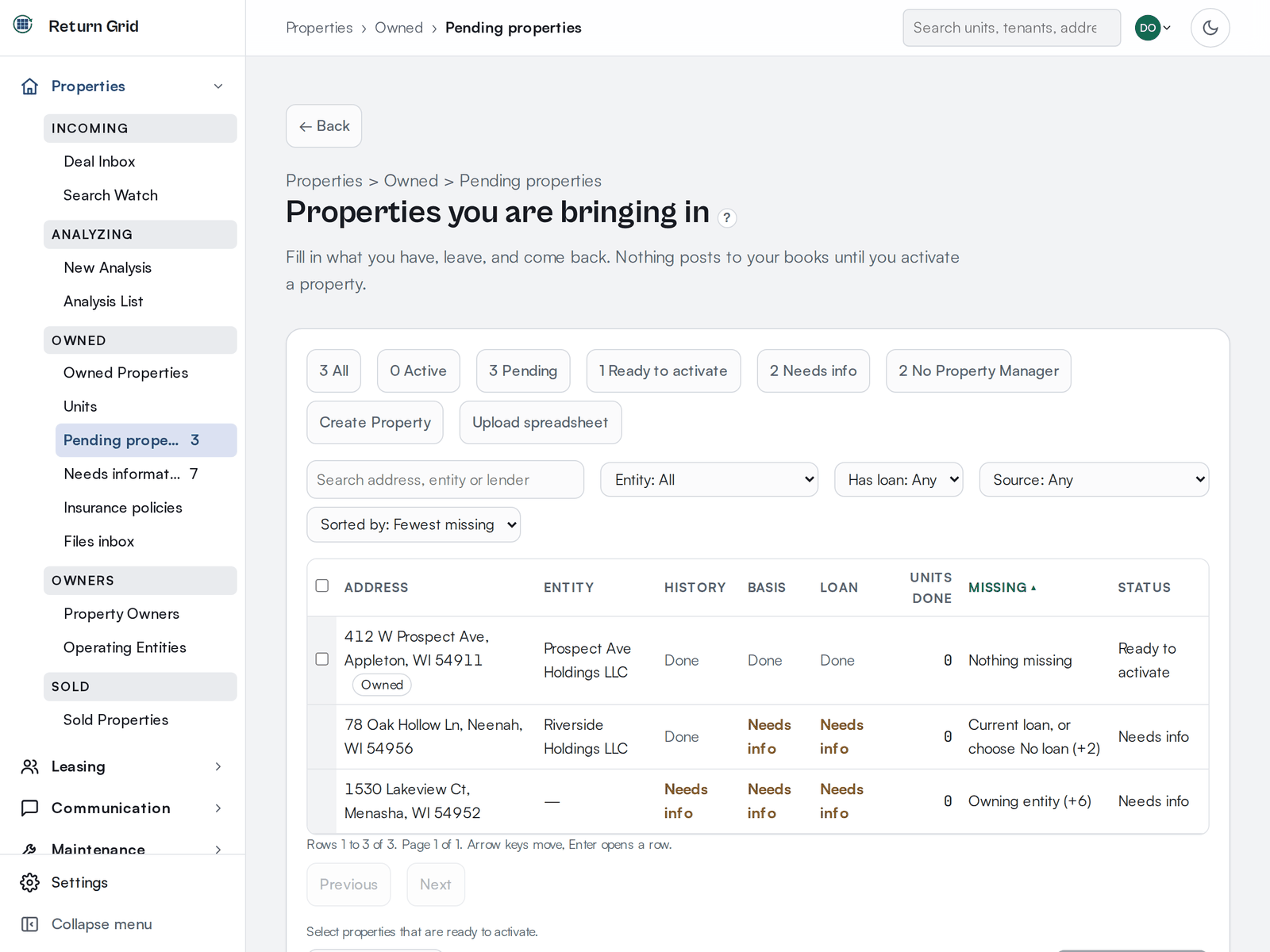 The Pending properties list with three properties: one ready to activate, one missing its loan, land share and manager, and one just started, with filter buttons above the table