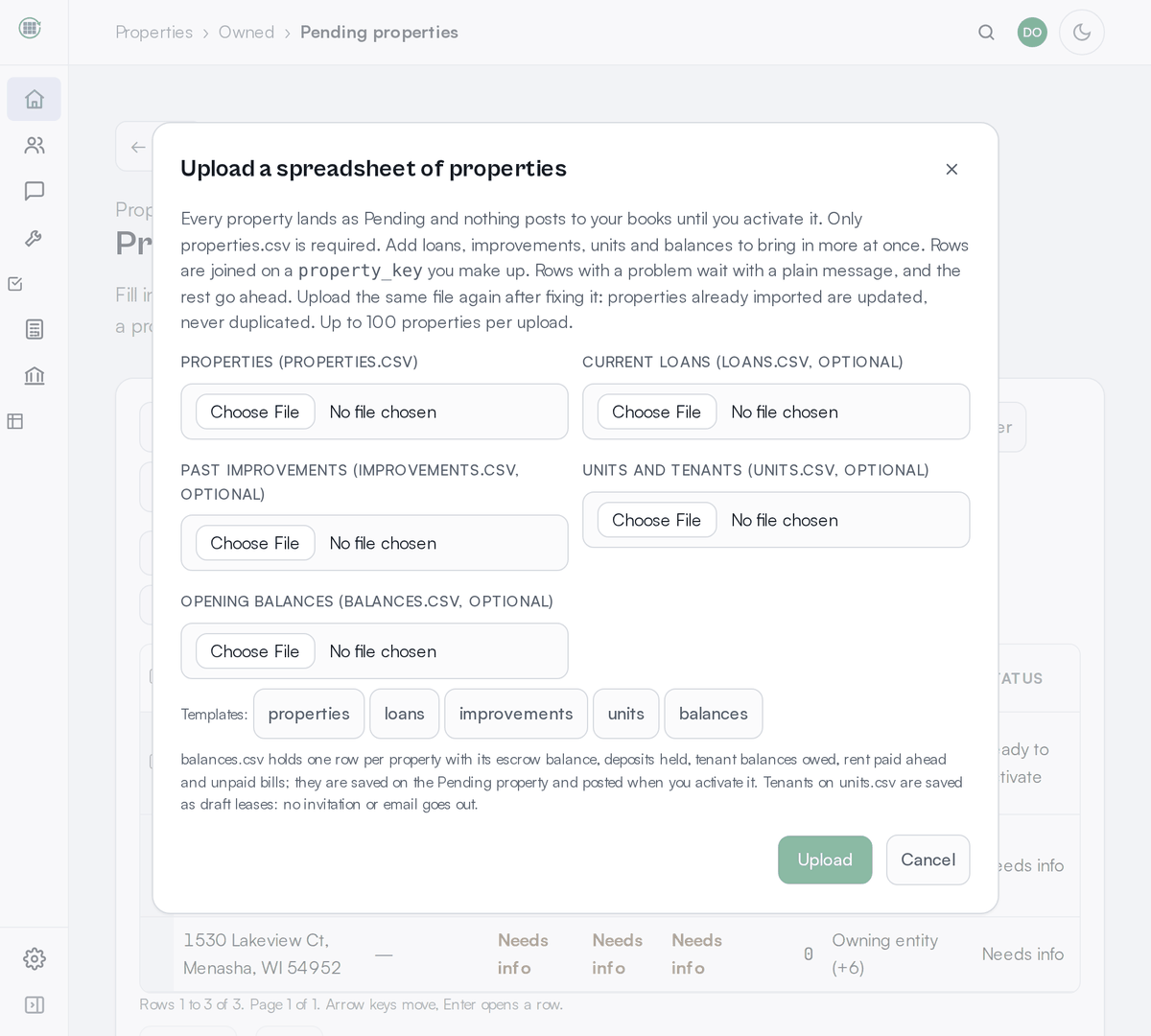 The Upload a spreadsheet of properties dialog with a file picker for properties.csv and optional pickers for loans, improvements, units and balances, template buttons, and Upload and Cancel buttons