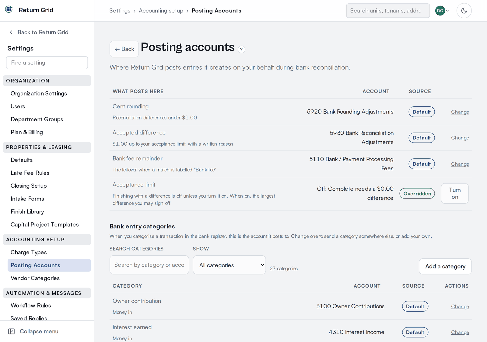 The Posting accounts screen: a table of what posts where (cent rounding, accepted difference, bank fee remainder and the acceptance limit), then a searchable list of bank entry categories with their account, whether each is the default, and a Change link