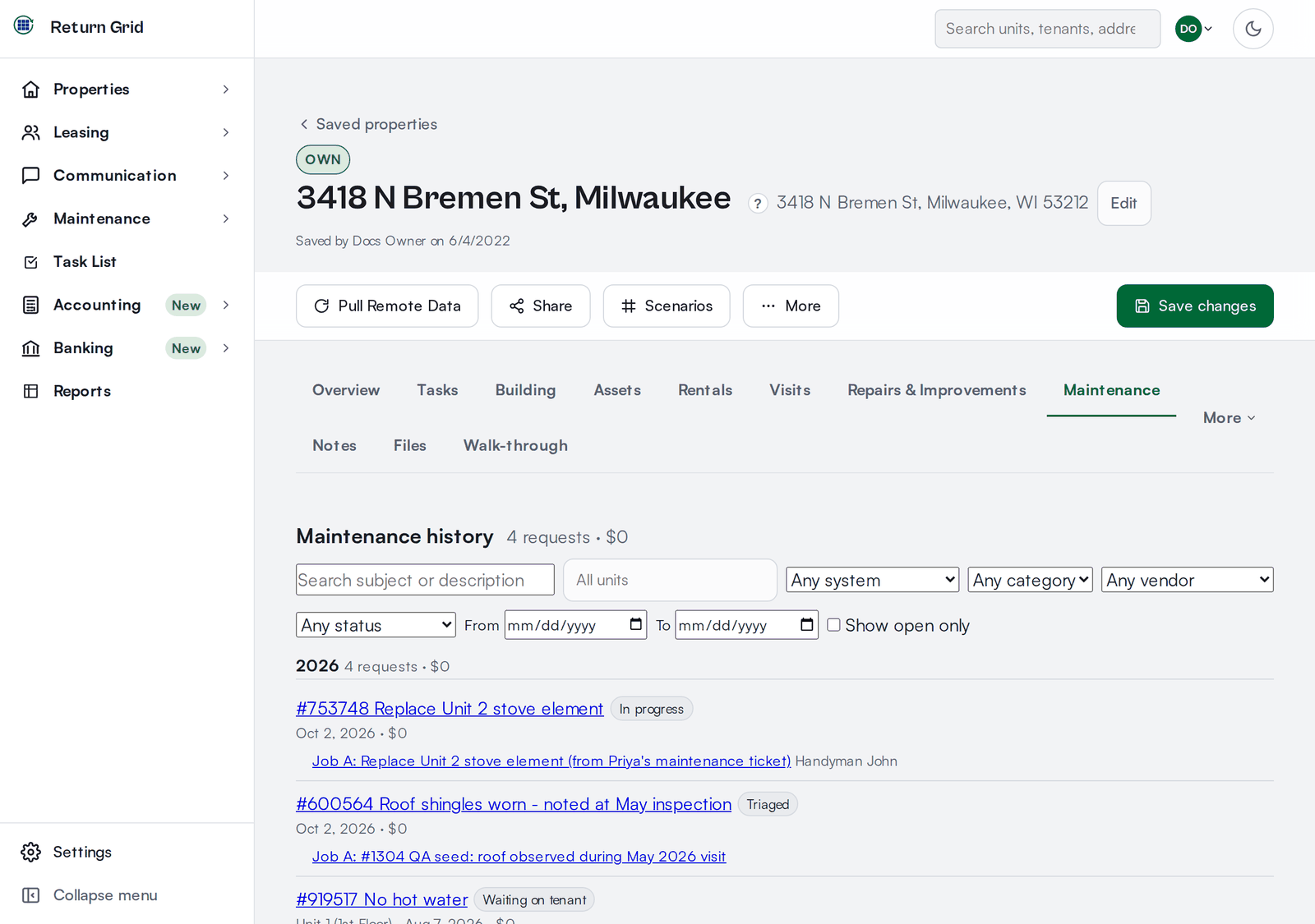 A property's Maintenance tab listing its requests by year, each with its jobs, status and cost, above filters for unit, system, category, vendor and status