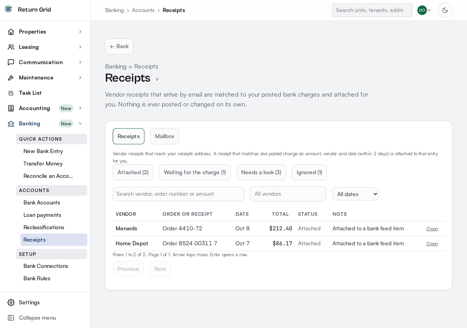 The Receipts page on the Attached tab, listing a Menards receipt for $212.40 and a Home Depot receipt for $86.17, each attached to a bank feed item, with the Attached, Waiting for the charge, Needs a look and Ignored tabs above