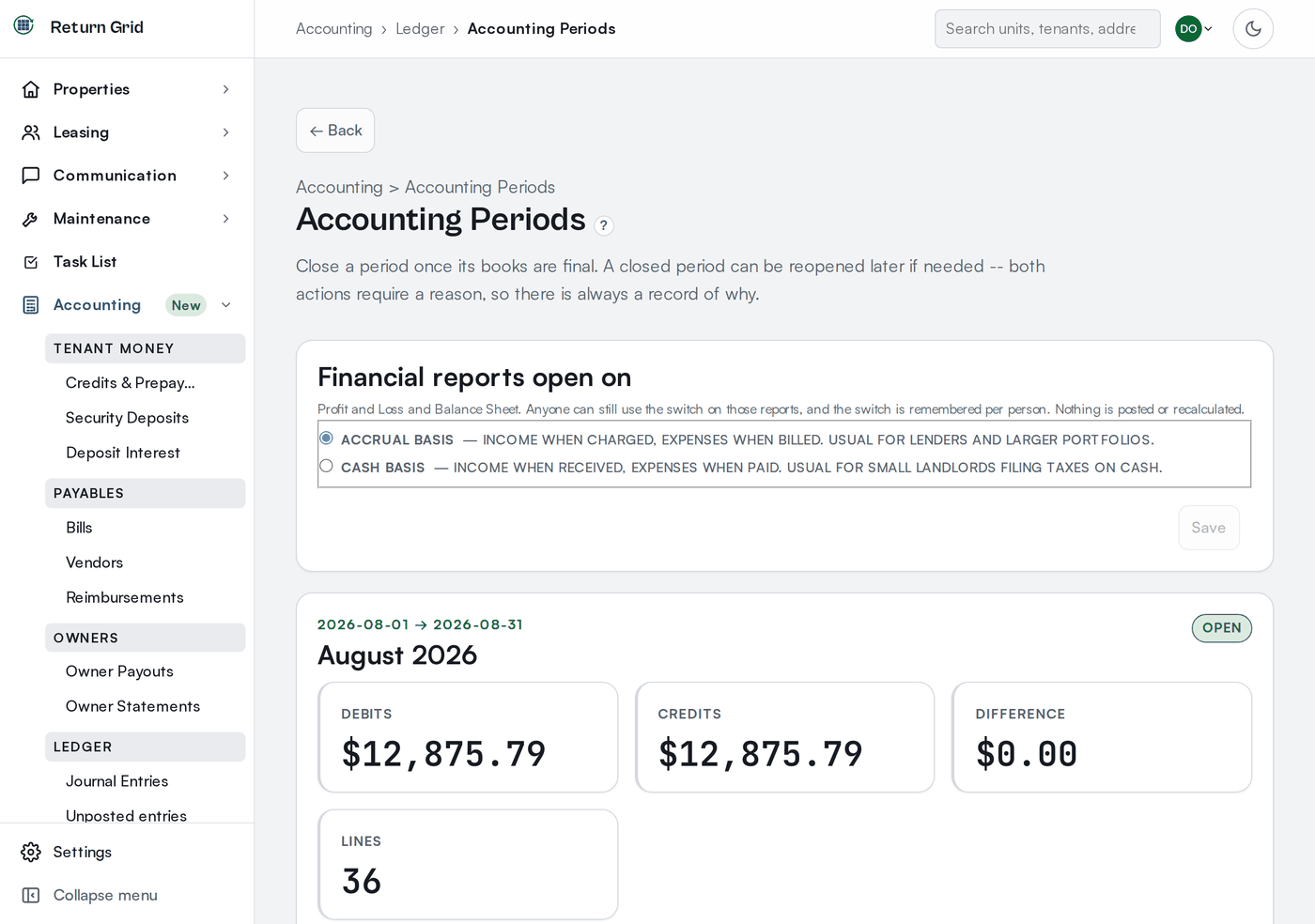 The Financial reports open on card on the Accounting Periods page, with Accrual basis selected and a disabled Save button