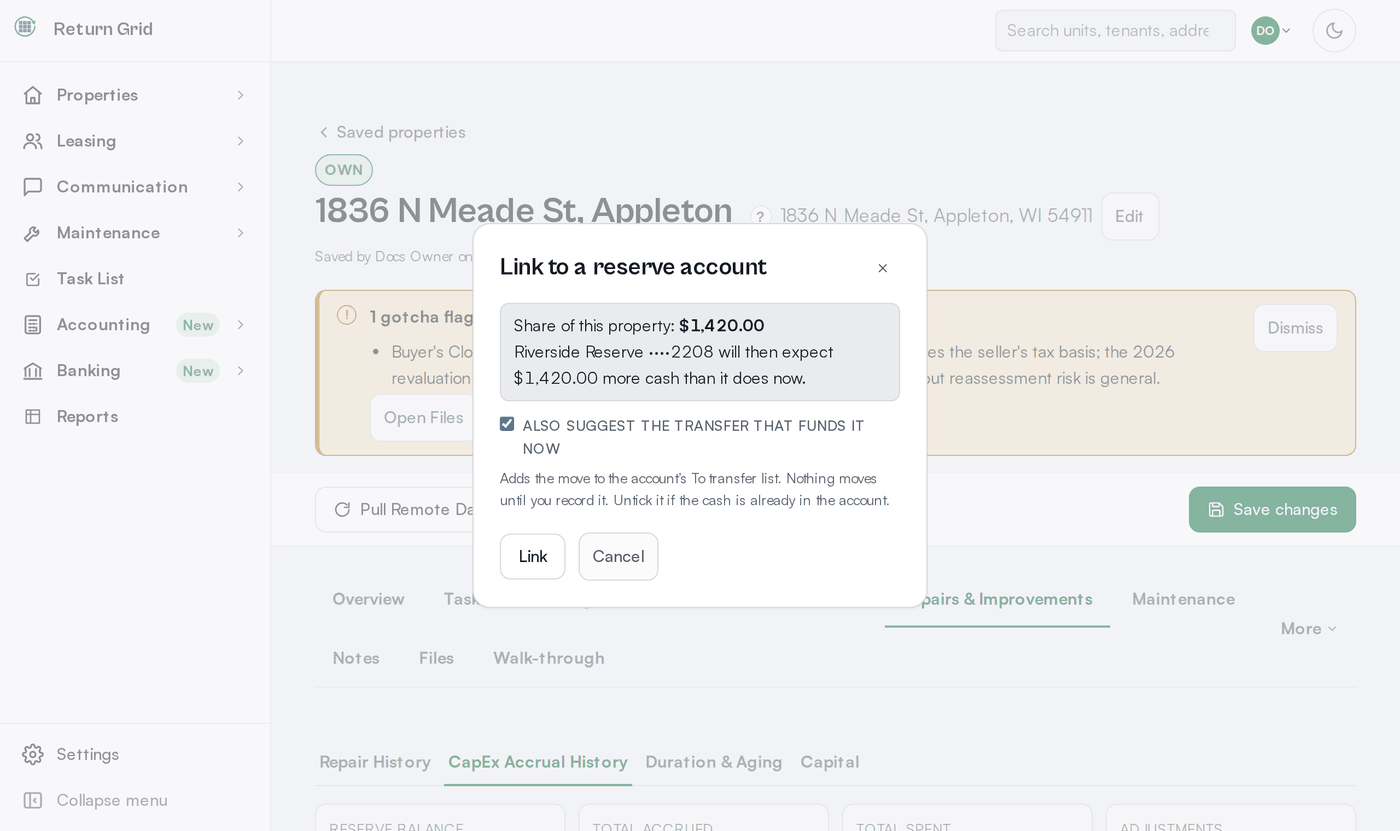 The Link to a reserve account popup on a property's CapEx Accrual History, showing the property's share and a box to also suggest the transfer that funds it