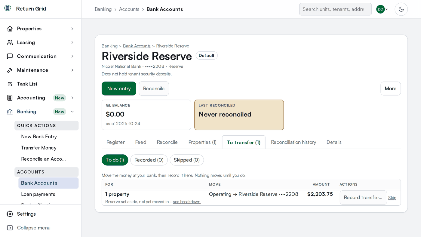 A reserve bank account's To transfer tab with one suggested transfer from Operating to the reserve account and its Record transfer and Skip buttons