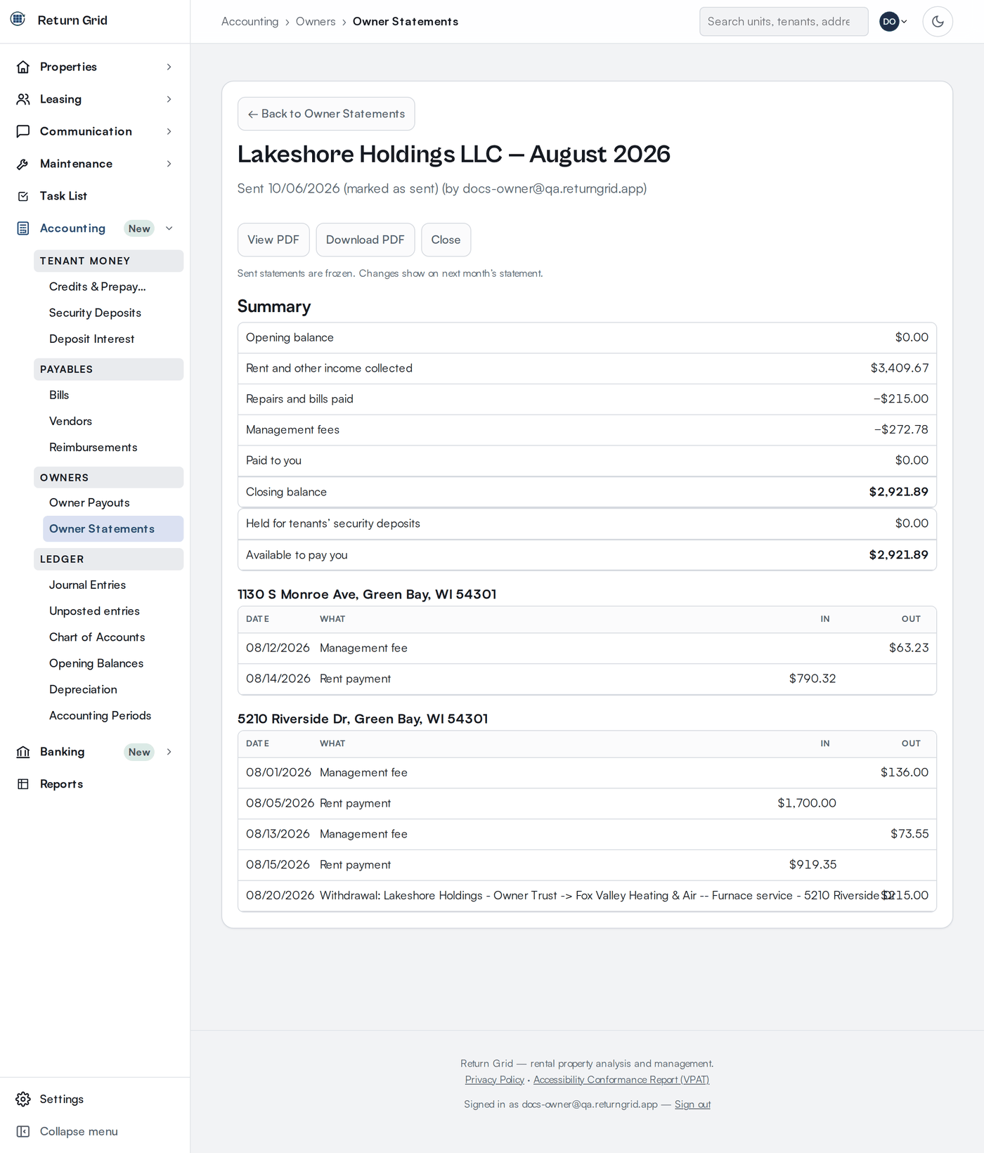 A sent owner statement for August 2026 with a summary, security deposit notes and a table of lines for each property