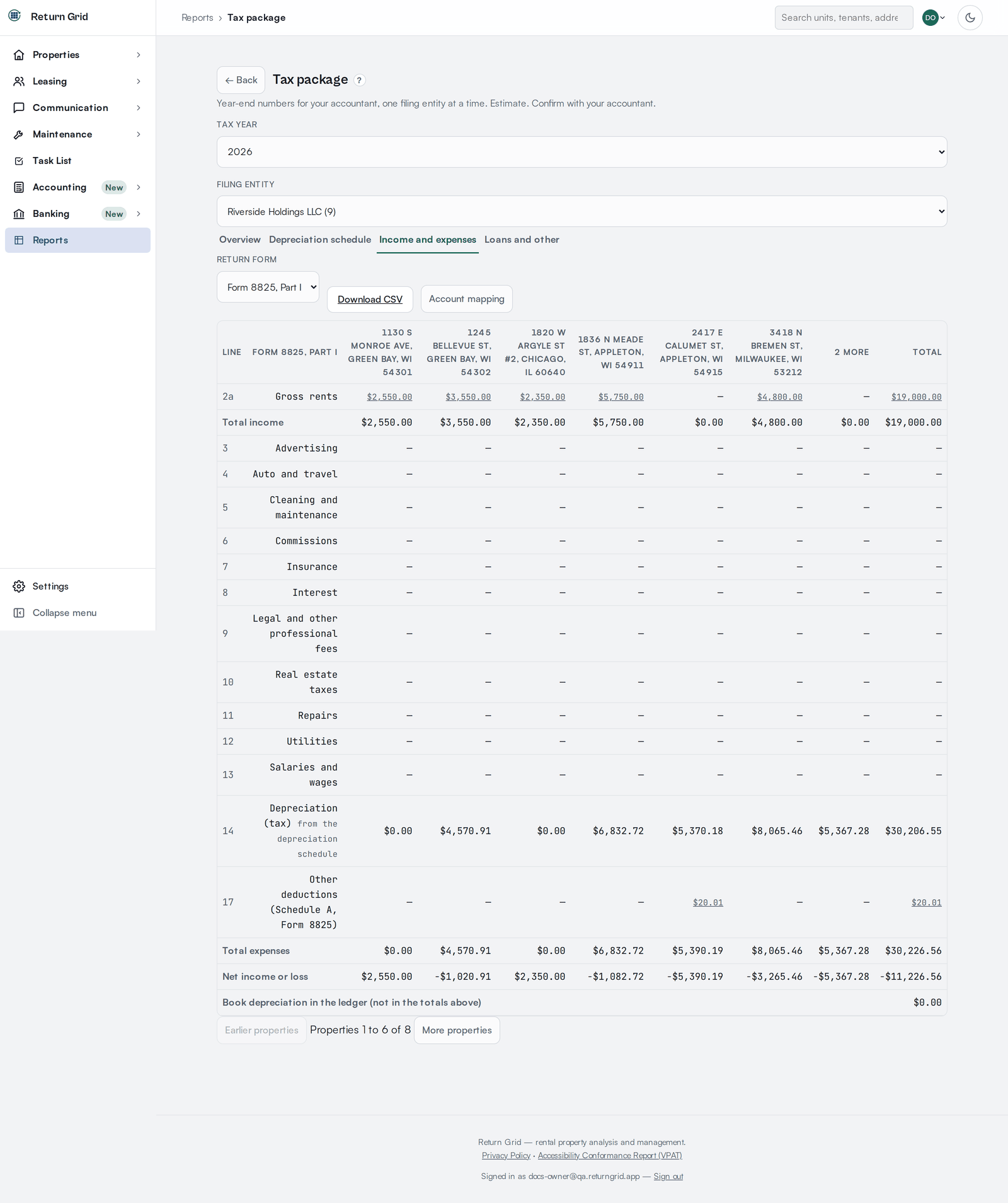 The Tax package Income and expenses tab laid out as Form 8825, Part I with a column for each property