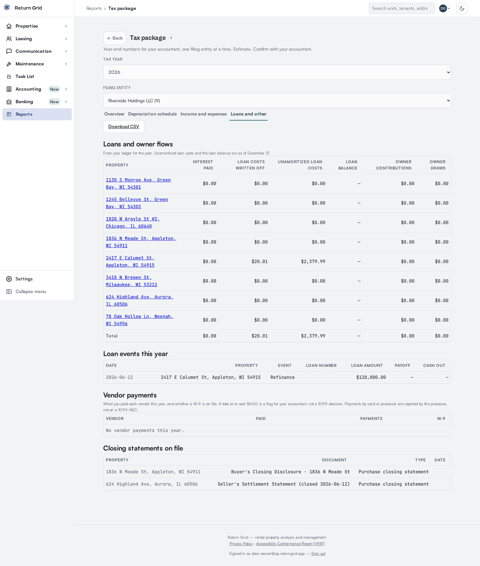 The Tax package Loans and other tab with loan interest, loan events, vendor payments and closing statements