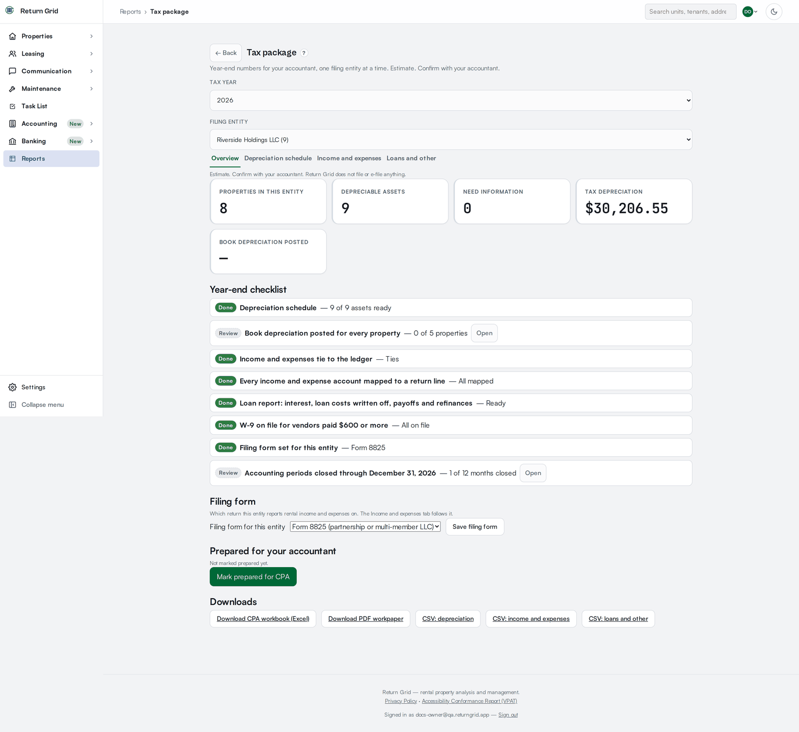 The Tax package Overview tab with the entity numbers, the year-end checklist, the filing form and the downloads