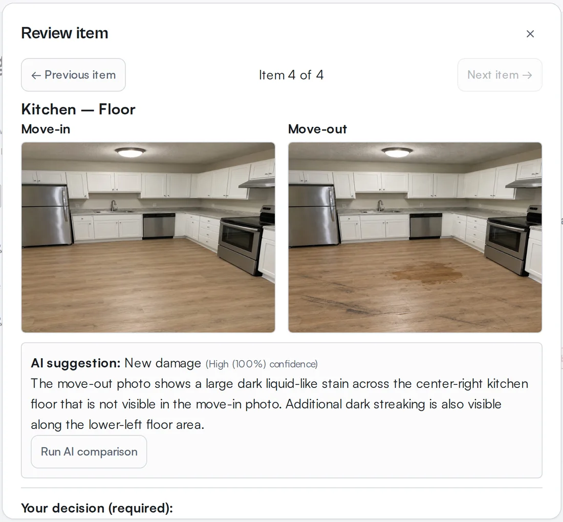 The review panel showing a kitchen floor in move-in and move-out photos, with the AI suggestion of new damage and its explanation