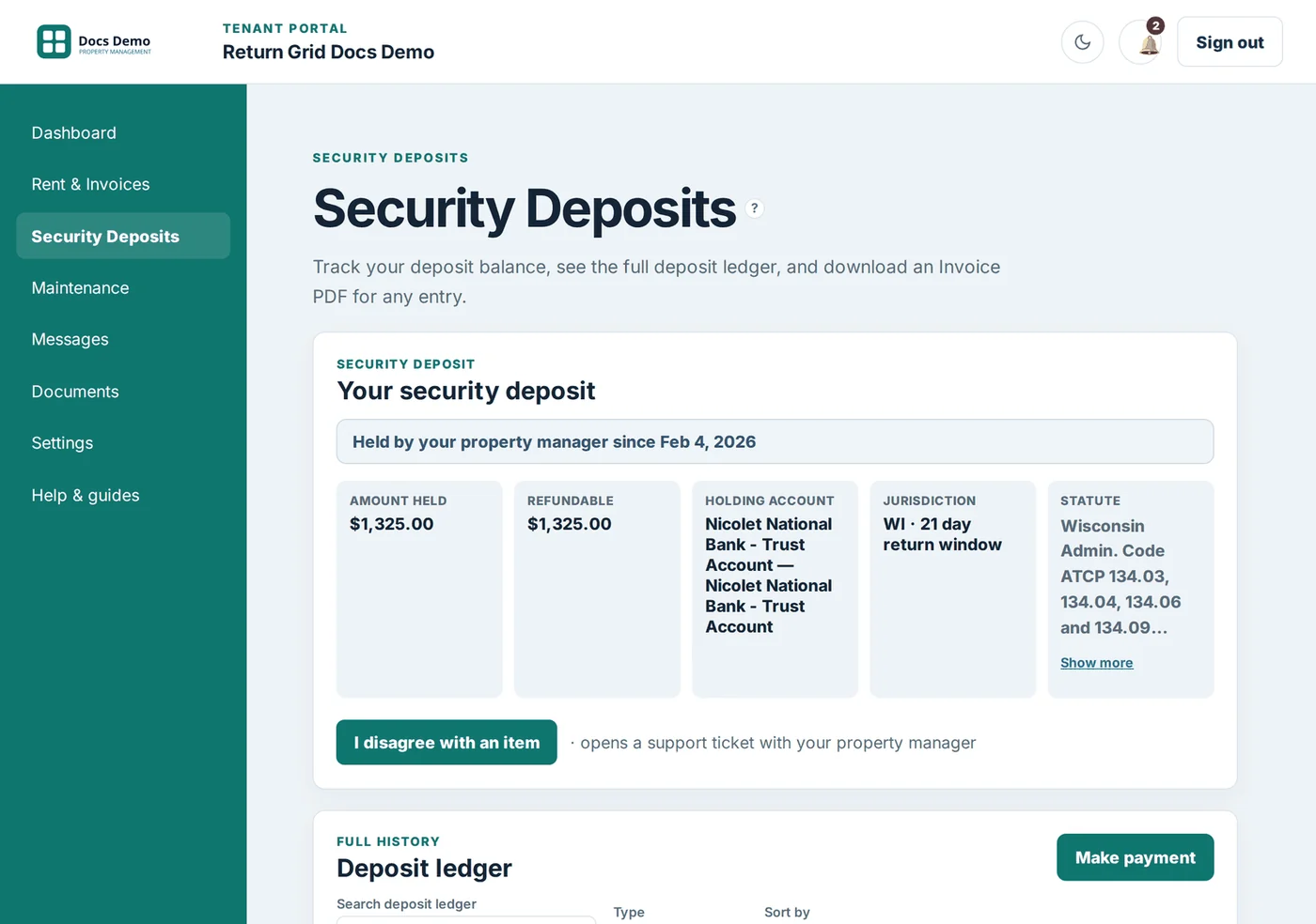 The Tenant Portal Security Deposits page showing amount held, refundable amount, holding account, jurisdiction and the return window