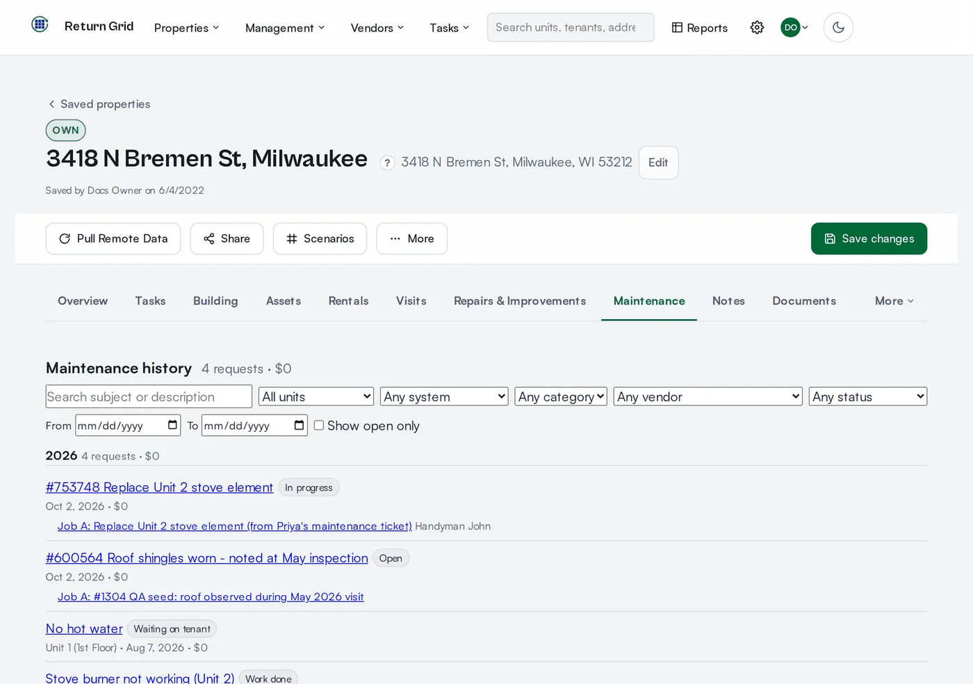 A property Maintenance tab listing every request and job grouped by year with cost totals