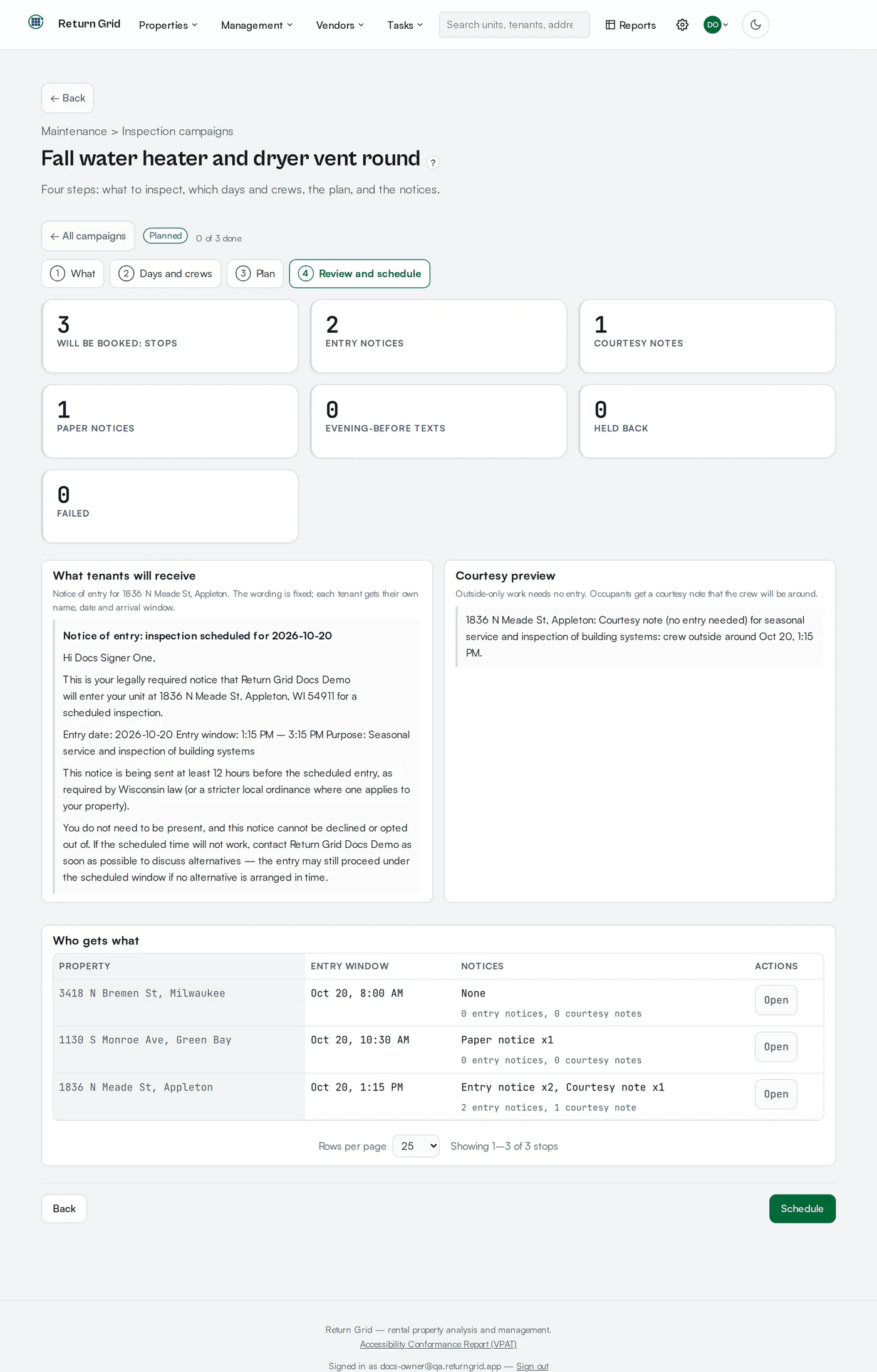 An inspection campaign review screen with counts of entry notices, courtesy notes and paper notices, and a preview of the notice a tenant receives