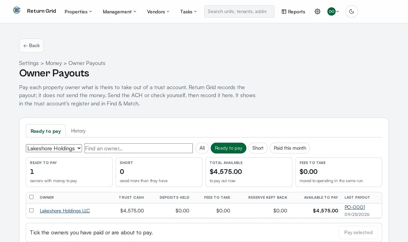 Owner Payouts screen showing trust cash, deposits held, fees to take and the amount available to pay