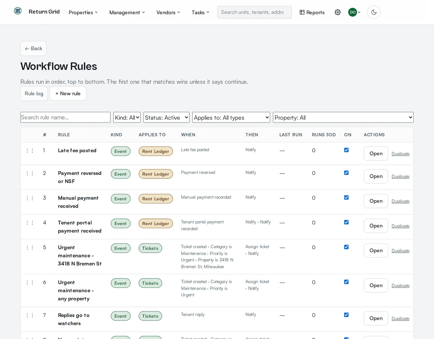 The Workflow Rules list showing event and time rules for rent ledger and ticket events