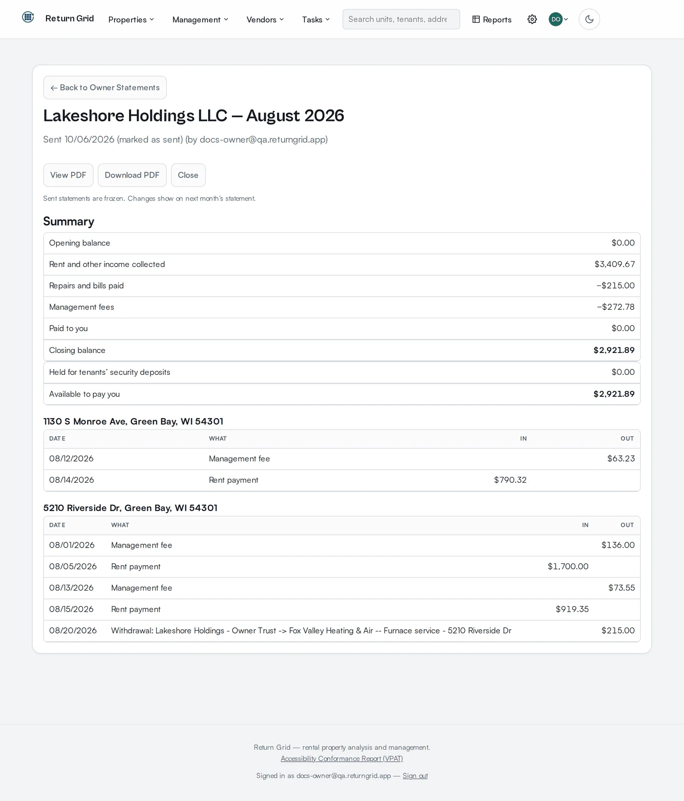 A monthly owner statement with opening balance, rent collected, repairs and bills paid, management fees, closing balance and deposits held