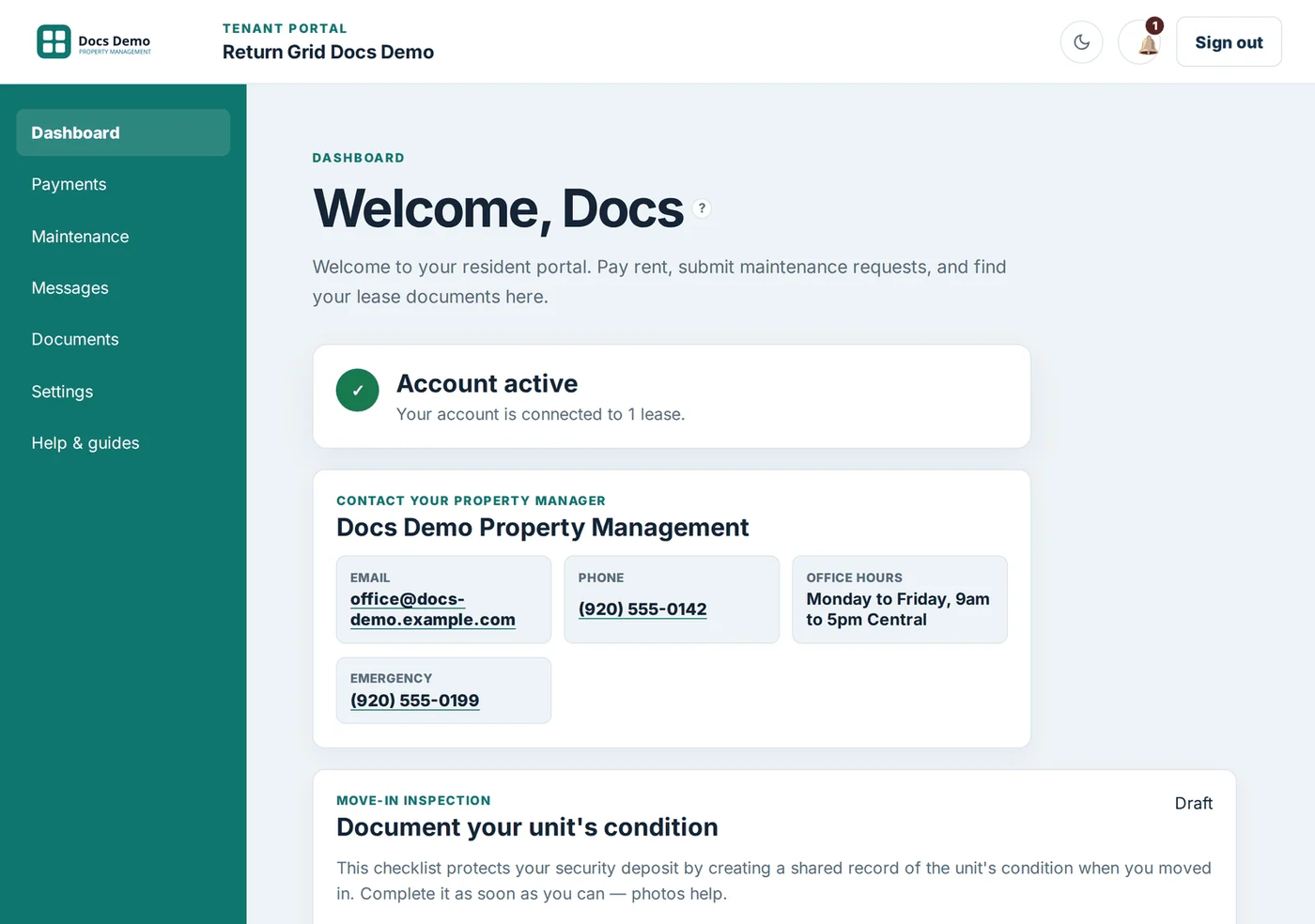 The Return Grid Tenant Portal dashboard with payments, maintenance, messages and documents